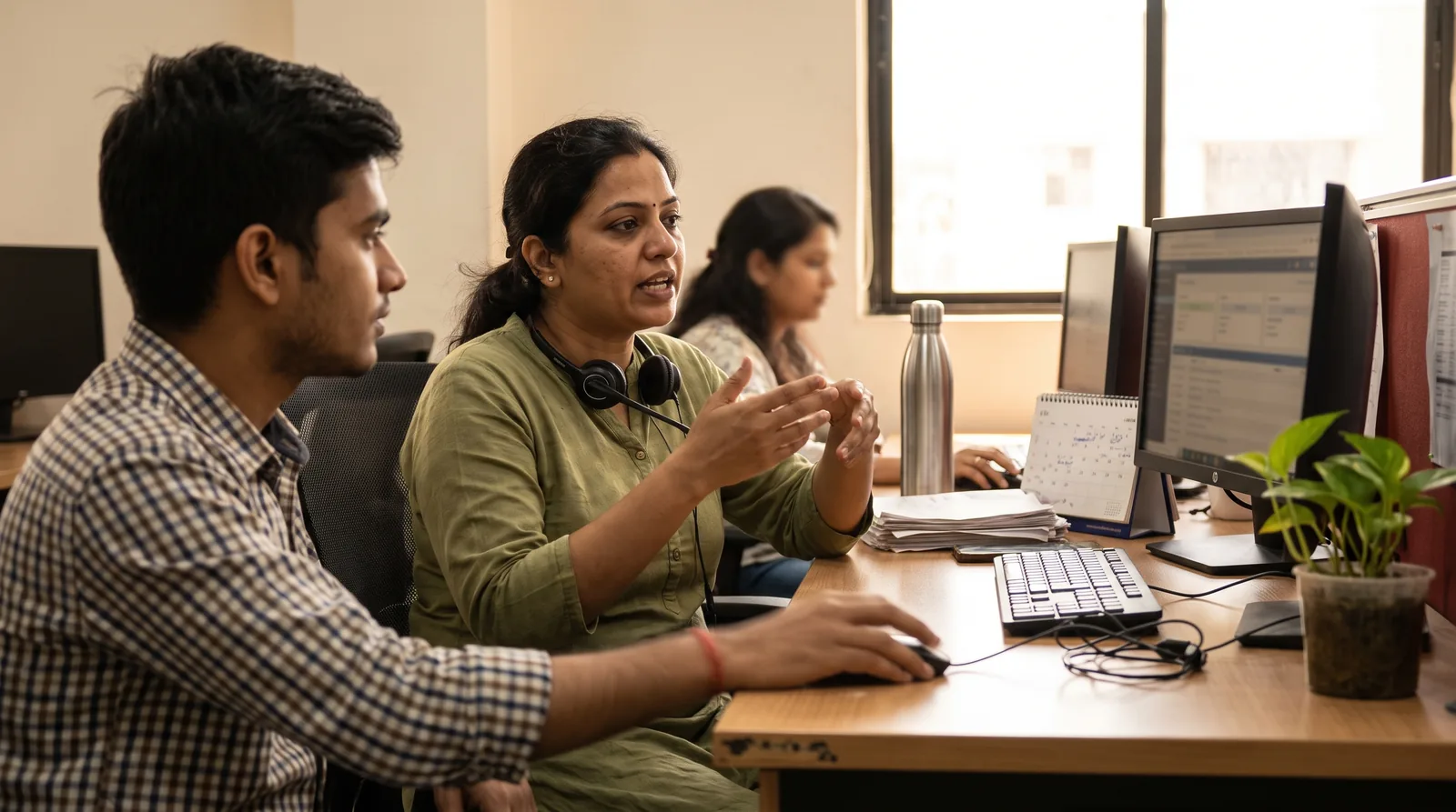 A customer operations team working together at a shared desk, one of them wearing a headset