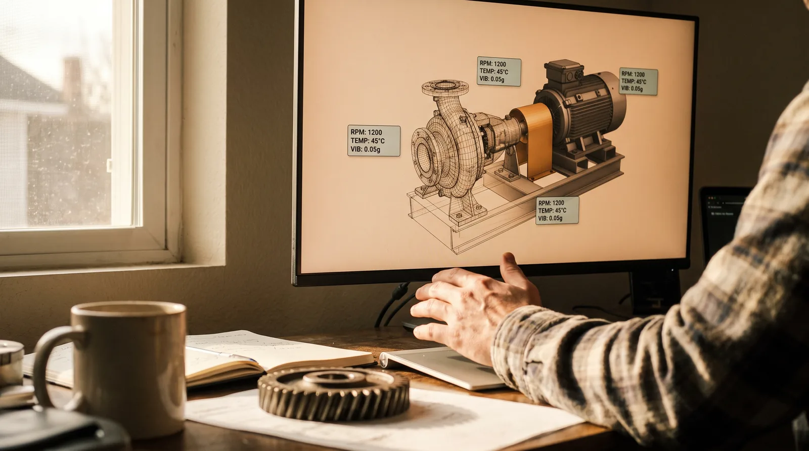 A SCADA-integrated digital twin of field equipment on screen next to the physical asset it mirrors