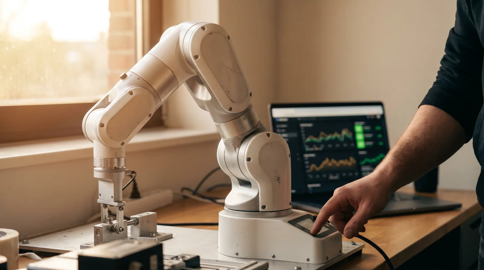 A robotic arm being calibrated next to a live dashboard, representing automated systems working alongside a human operator