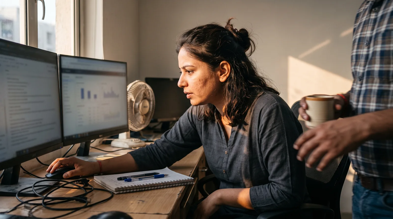 An operations manager working across two dashboards at a desk while a colleague waits beside her