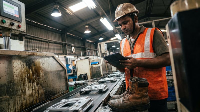 Production supervisor in a hard hat checking a tablet beside a running assembly line at a Pune components plant