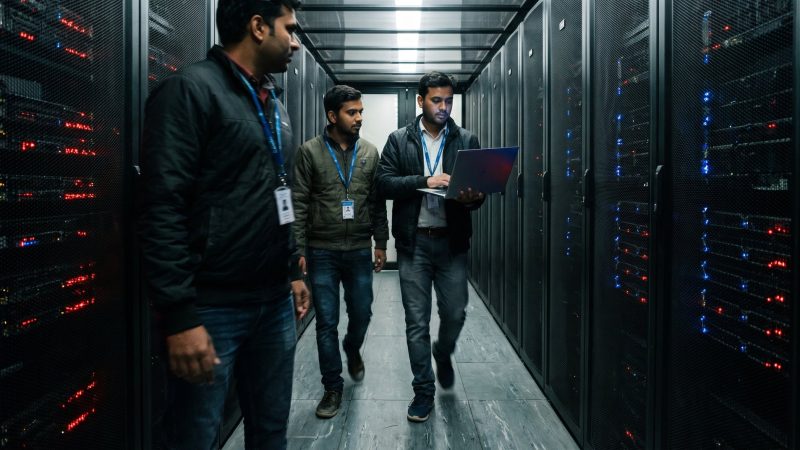 Researchers walking through the cold aisle of an Indian GPU compute facility