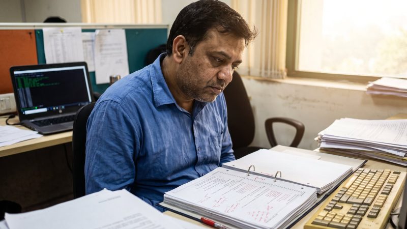 Software engineer reviewing printed legacy code marked up in red pen at a Noida office desk