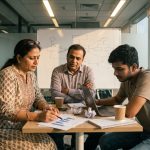 Three professionals in a small Mumbai financial-services meeting room review printed charts and a laptop, a half-erased whiteboard of boxes and arrows behind them.
