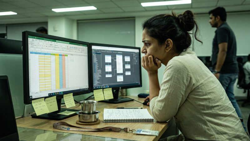 Data engineer at a Bengaluru office desk, two monitors showing a patchy spreadsheet and database schema, sticky notes, a steel tumbler of filter coffee
