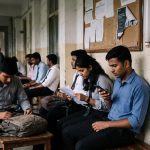 Final-year students in formal shirts holding folders of certificates wait in a Pune college corridor for campus placement interviews, a notice board behind them.
