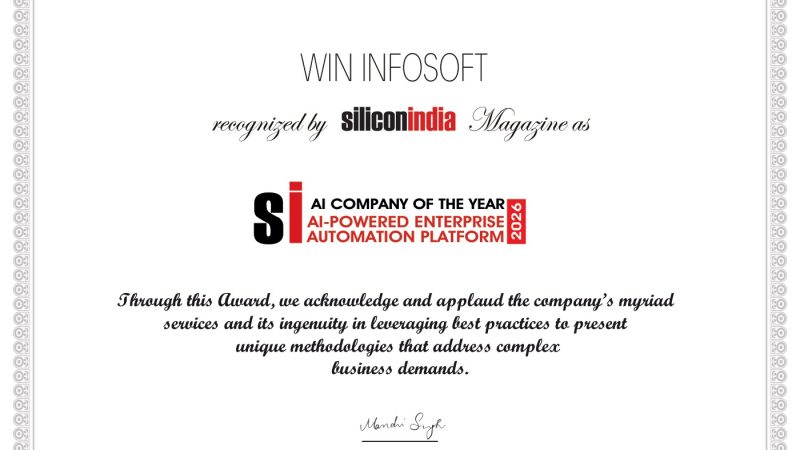siliconindia certificate naming Win Infosoft AI Company of the Year 2026 for an AI-powered enterprise automation platform