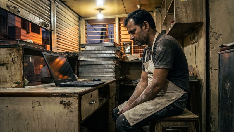 Bakery owner in a flour-dusted apron looking at a laptop behind the counter at closing time